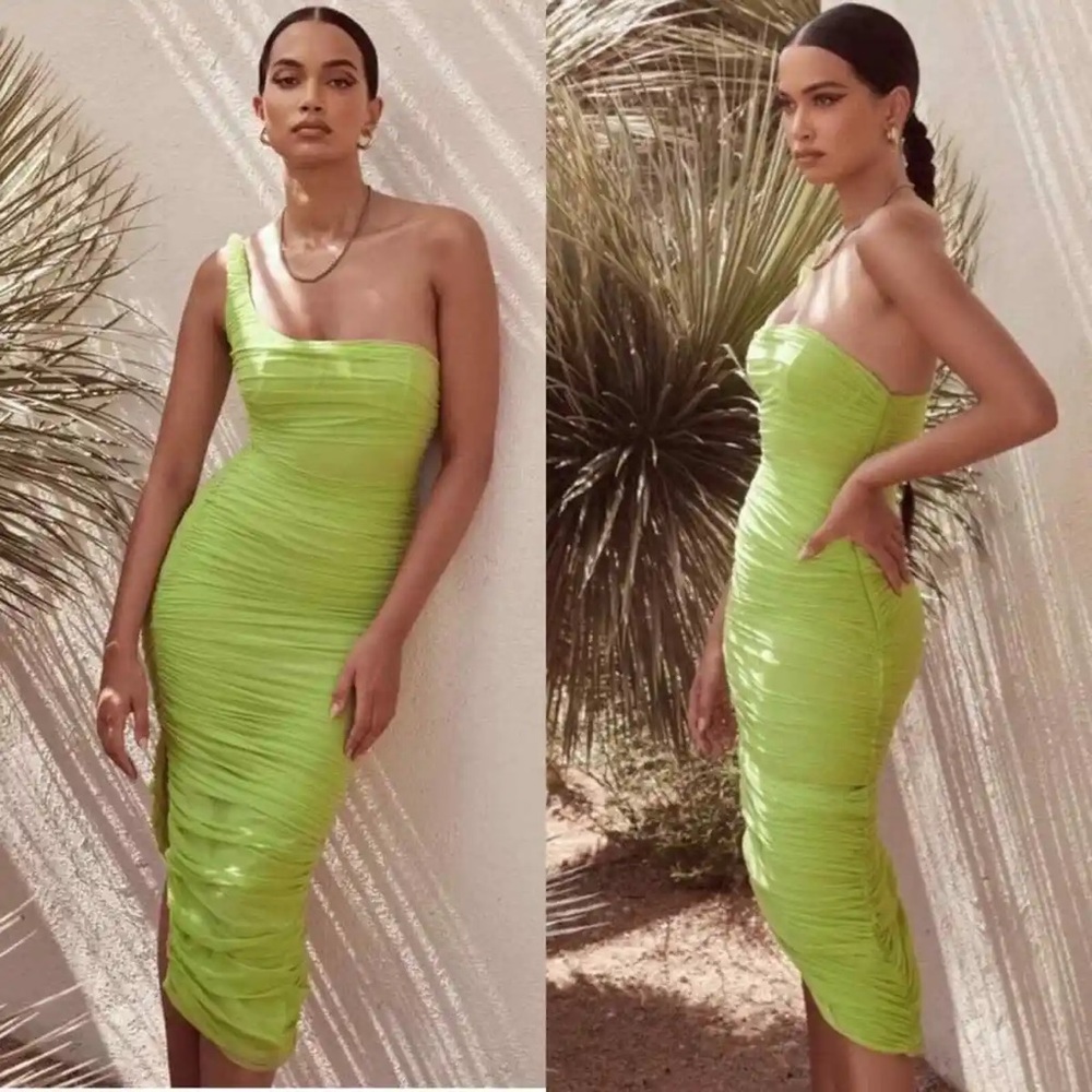 House Of CB 'Nia' Acid Green Ruched Midi Dress NWOT
